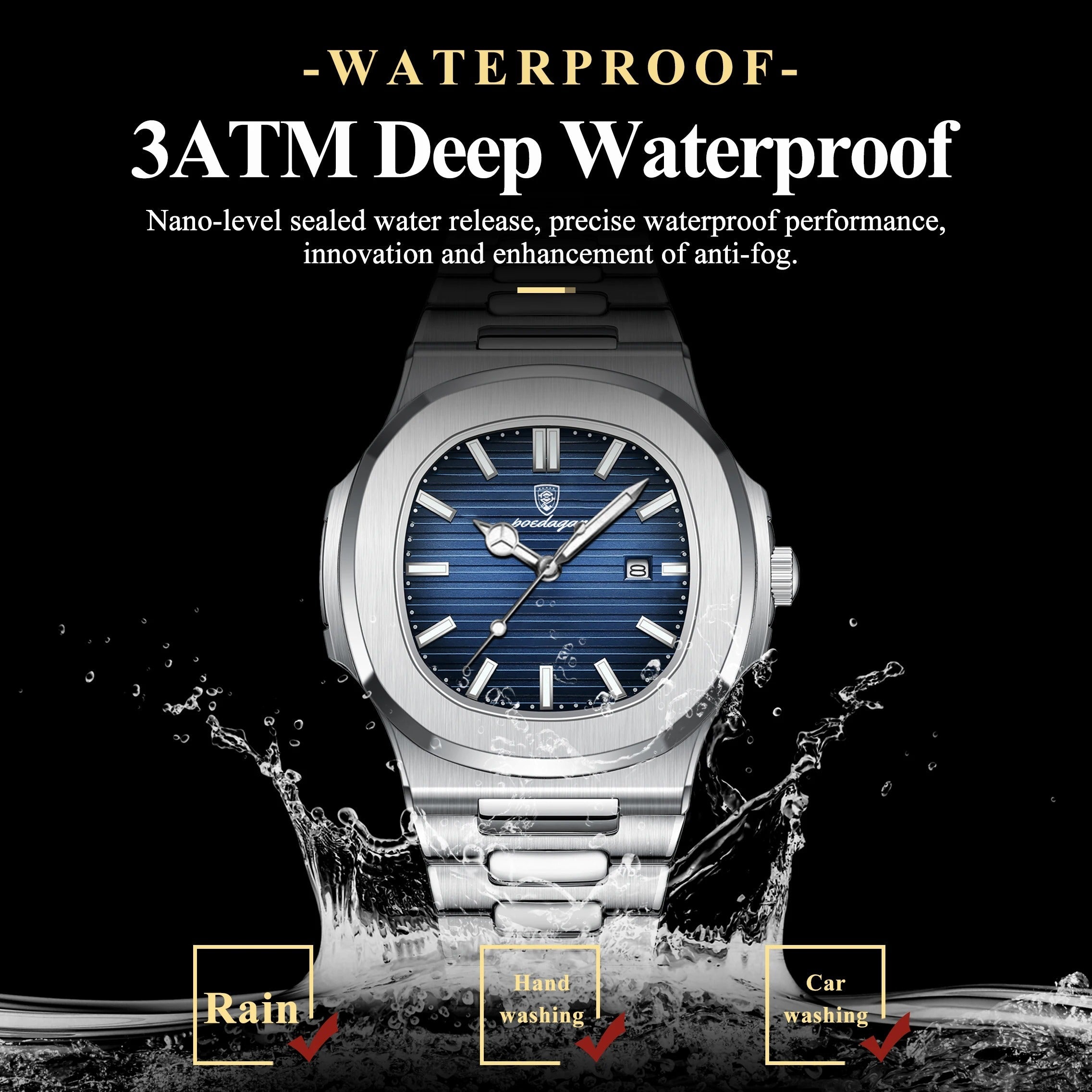 POEDAGAR Square Luxury Men Wristwatch Waterproof Luminous