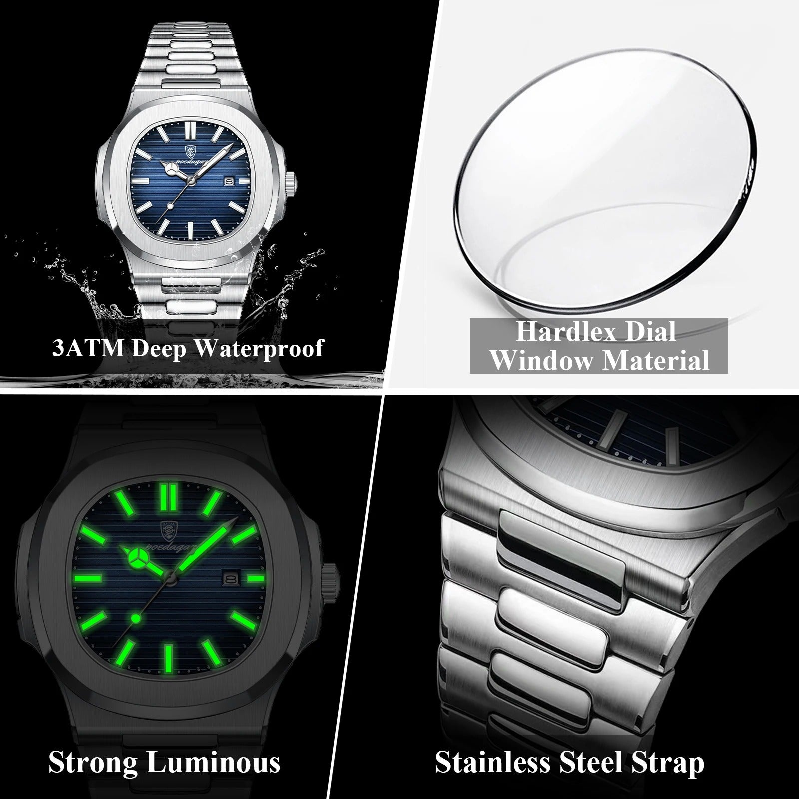 POEDAGAR Square Luxury Men Wristwatch Waterproof Luminous